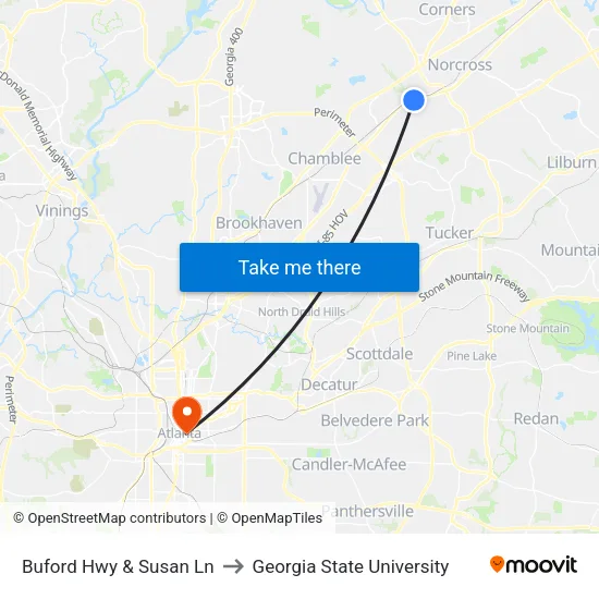 Buford Hwy & Susan Ln to Georgia State University map