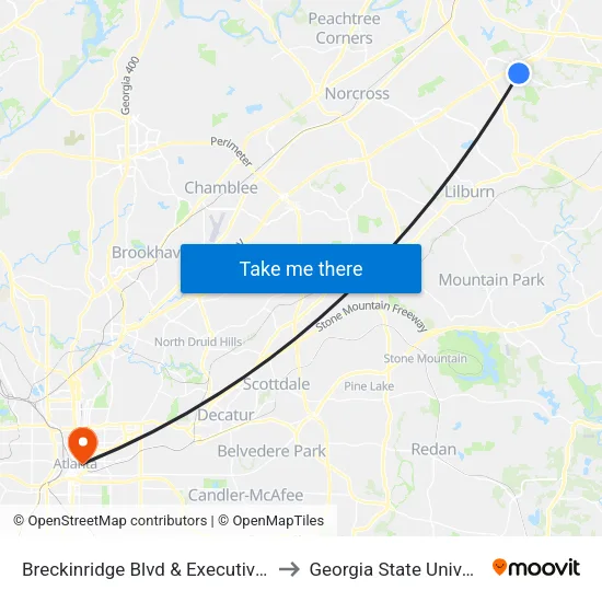 Breckinridge Blvd & Executive Dr S to Georgia State University map