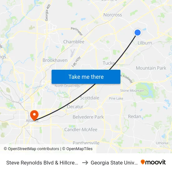 Steve Reynolds Blvd & Hillcrest Ct Ob to Georgia State University map