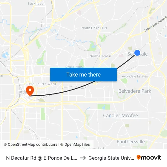 N Decatur Rd @ E Ponce De Leon Ave to Georgia State University map