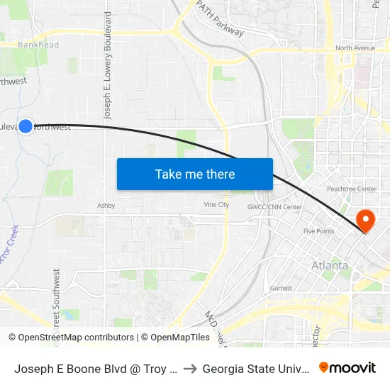 Joseph E Boone Blvd @ Troy St NW to Georgia State University map