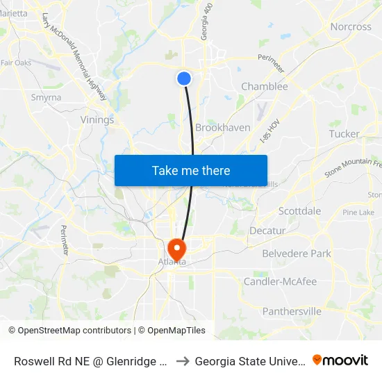 Roswell Rd NE @ Glenridge Dr NE to Georgia State University map