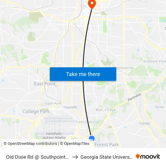 Old Dixie Rd @ Southpoint Dr to Georgia State University map