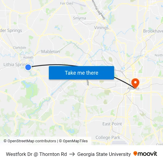 Westfork Dr @ Thornton Rd to Georgia State University map