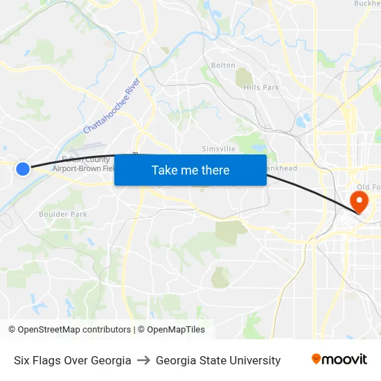 Six Flags Over Georgia to Georgia State University map