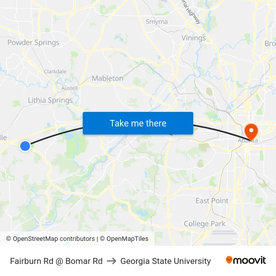 Fairburn Rd @ Bomar Rd to Georgia State University map
