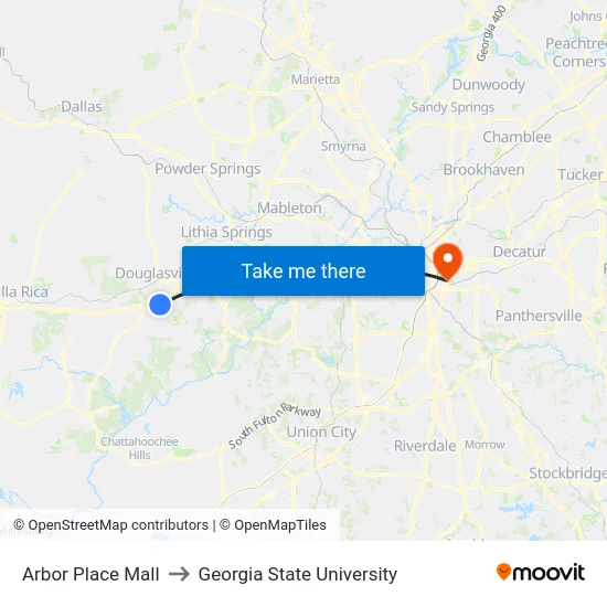 Arbor Place Mall to Georgia State University map