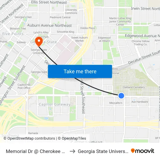 Memorial Dr @ Cherokee Ave to Georgia State University map