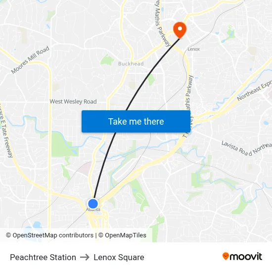 Peachtree Station to Lenox Square map
