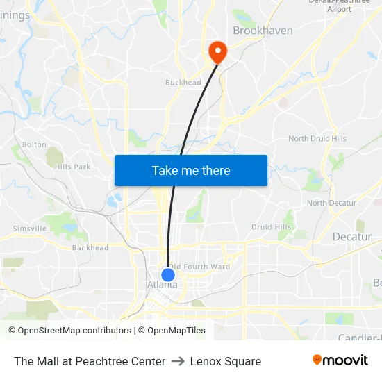 The Mall at Peachtree Center to Lenox Square map