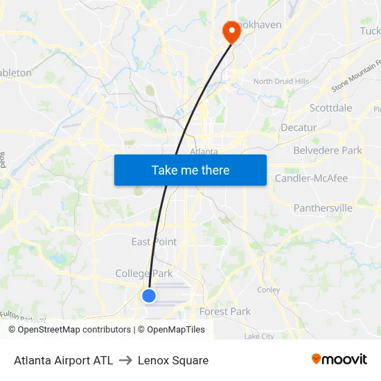 Atlanta Airport ATL to Lenox Square map