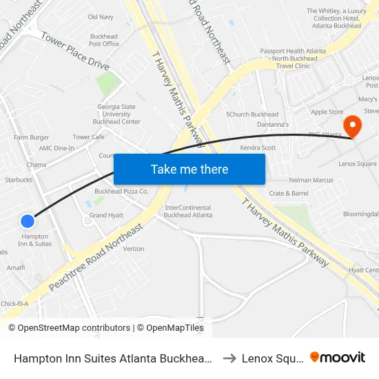 Hampton Inn Suites Atlanta Buckhead Place to Lenox Square map
