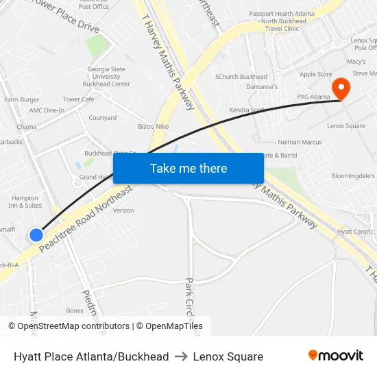 Hyatt Place Atlanta/Buckhead to Lenox Square map