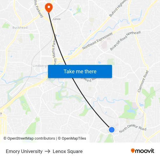 Emory University to Lenox Square map