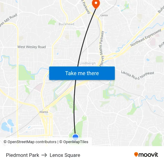 Piedmont Park to Lenox Square map