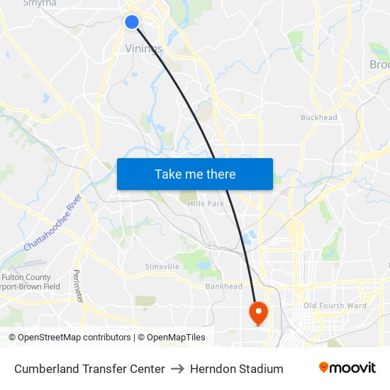 Cumberland Transfer Center to Herndon Stadium map