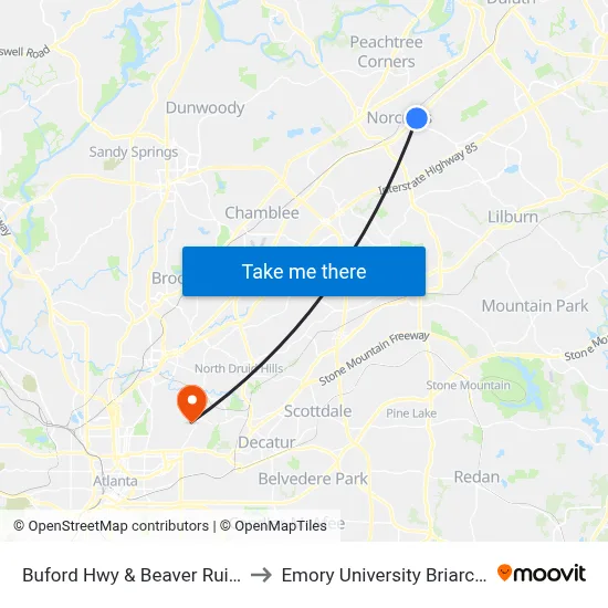 Buford Hwy & Beaver Ruin Rd (10bib) to Emory University Briarcliff Campus map