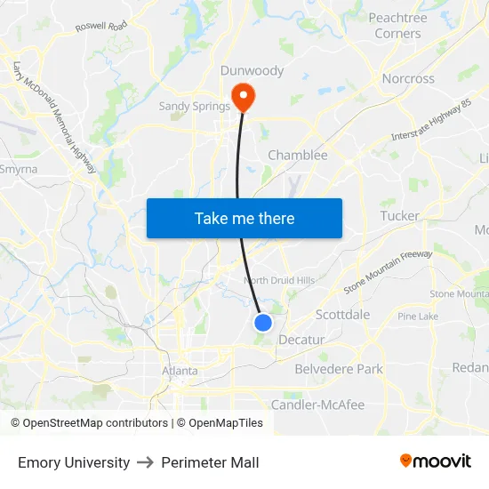 Emory University to Perimeter Mall map