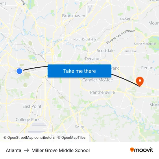 Atlanta to Miller Grove Middle School map