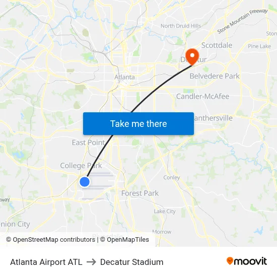 Atlanta Airport ATL to Decatur Stadium map