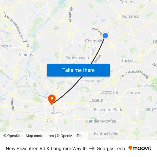 New Peachtree Rd & Longmire Way Ib to Georgia Tech map