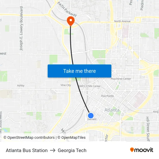 Atlanta Bus Station to Georgia Tech map