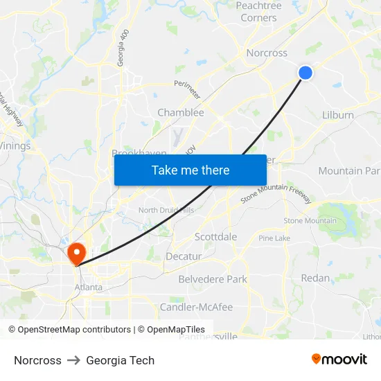 Norcross to Georgia Tech map