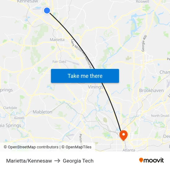 Marietta/Kennesaw to Georgia Tech map