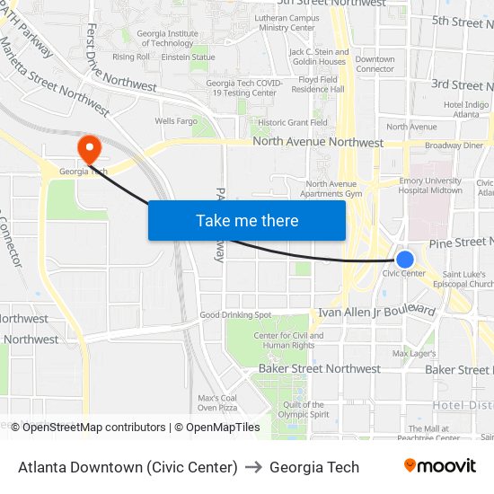 Atlanta Downtown (Civic Center) to Georgia Tech map