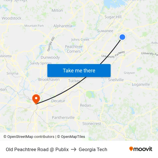 Old Peachtree Road @ Publix to Georgia Tech map