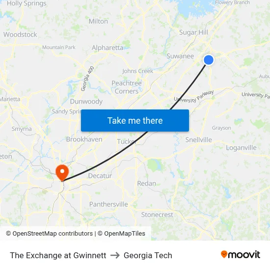 The Exchange at Gwinnett to Georgia Tech map