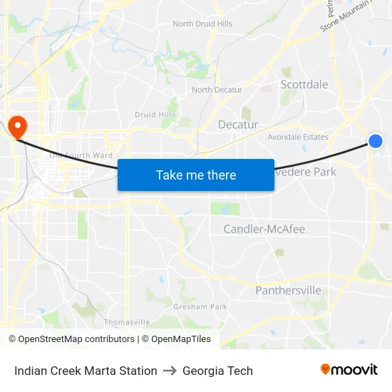 Indian Creek Marta Station to Georgia Tech map