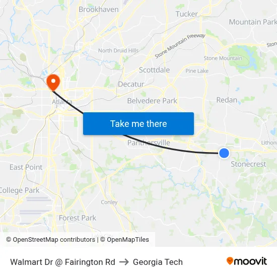 Walmart Dr @ Fairington Rd to Georgia Tech map