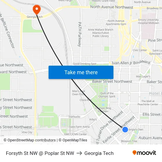 Forsyth St NW @ Poplar St NW to Georgia Tech map