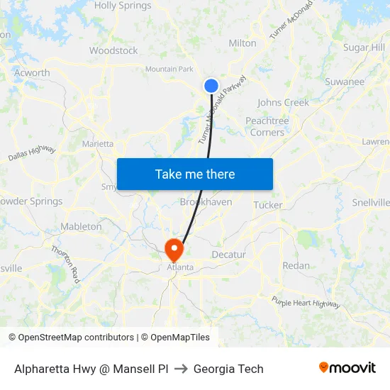 Alpharetta Hwy @ Mansell Pl to Georgia Tech map