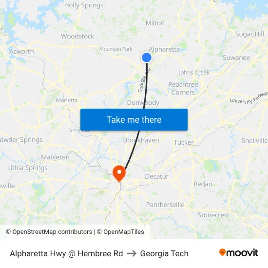 Alpharetta Hwy @ Hembree Rd to Georgia Tech map