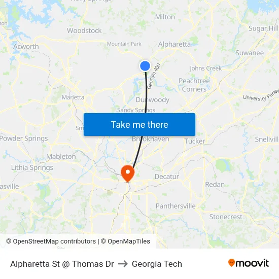 Alpharetta St @ Thomas Dr to Georgia Tech map
