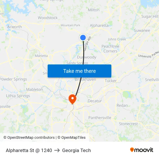 Alpharetta St @ 1240 to Georgia Tech map