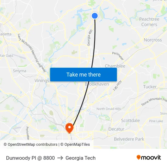 Dunwoody Pl @ 8800 to Georgia Tech map