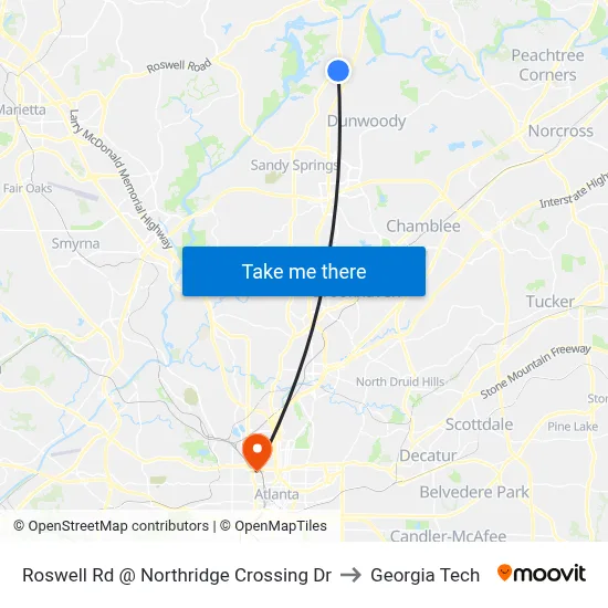 Roswell Rd @ Northridge Crossing Dr to Georgia Tech map