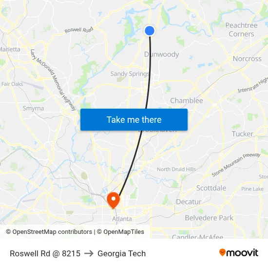 Roswell Rd @ 8215 to Georgia Tech map