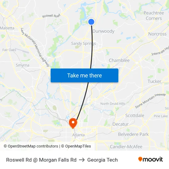 Roswell Rd @ Morgan Falls Rd to Georgia Tech map