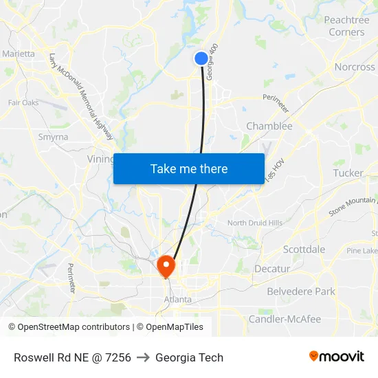 Roswell Rd NE @ 7256 to Georgia Tech map