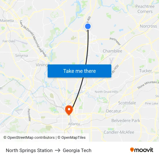North Springs Station to Georgia Tech map