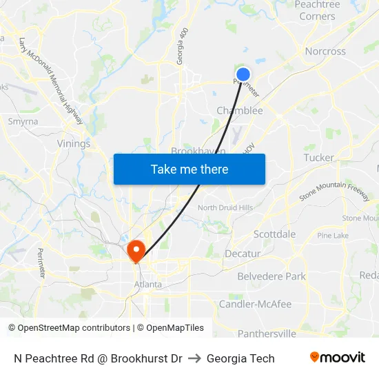 N Peachtree Rd @ Brookhurst Dr to Georgia Tech map