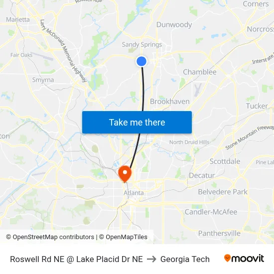 Roswell Rd NE @ Lake Placid Dr NE to Georgia Tech map