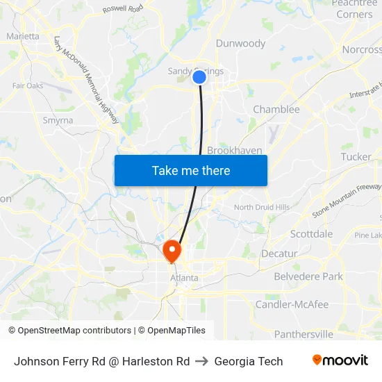 Johnson Ferry Rd @ Harleston Rd to Georgia Tech map