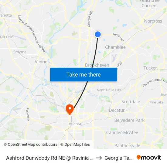 Ashford Dunwoody Rd NE @ Ravinia Dr to Georgia Tech map