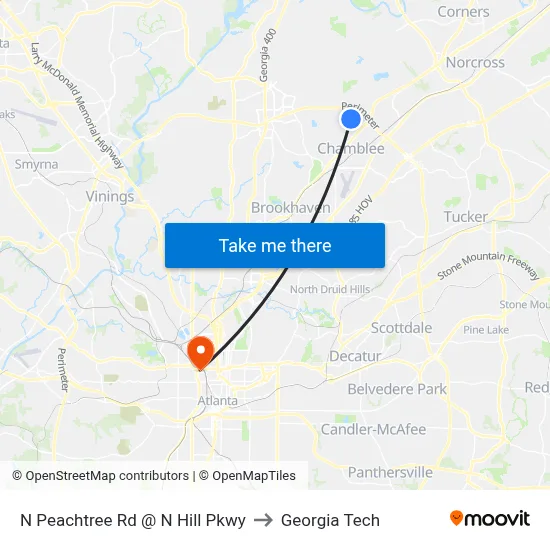 N Peachtree Rd @ N Hill Pkwy to Georgia Tech map