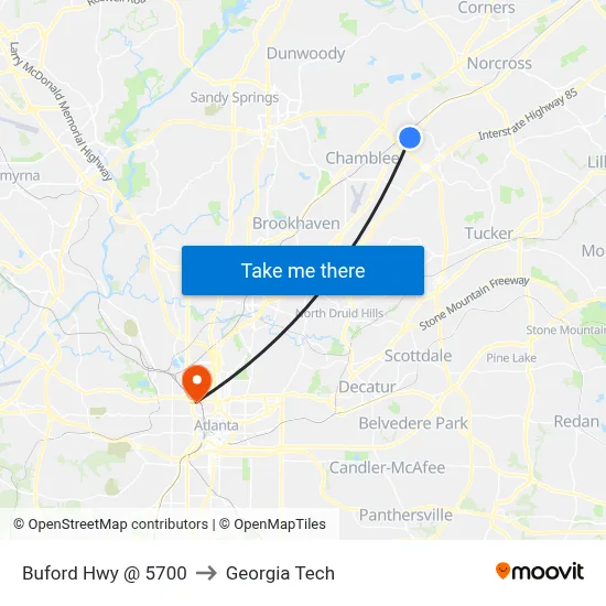 Buford Hwy @ 5700 to Georgia Tech map